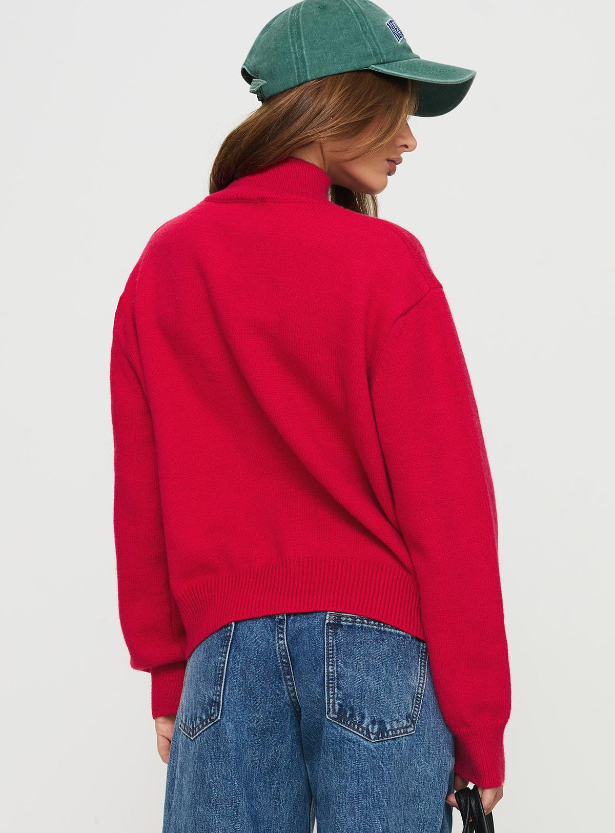 back view of model wearing Princess Polly Oberan Knit Sweater Red Jumpers 