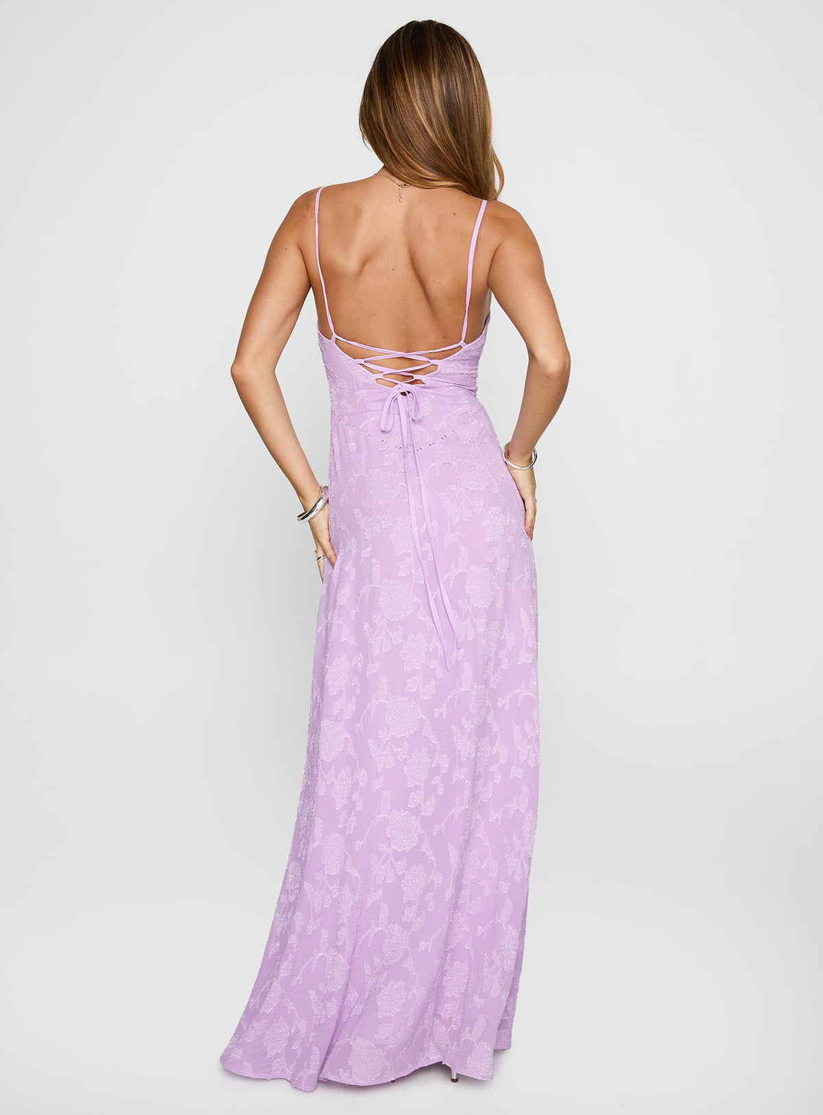 back view of model wearing Princess Polly South Of France Maxi Dress Lilac Square Neck 