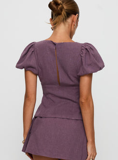 back view of model wearing Princess Polly Wilhelmina Blouse Top Mauve Short Sleeves Plunger 