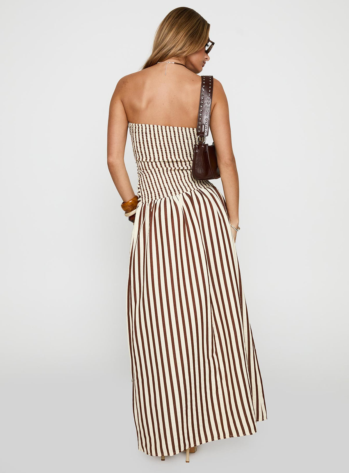 back view of model wearing Princess Polly Adessa Strapless Maxi Dress Multi Straight Neck 