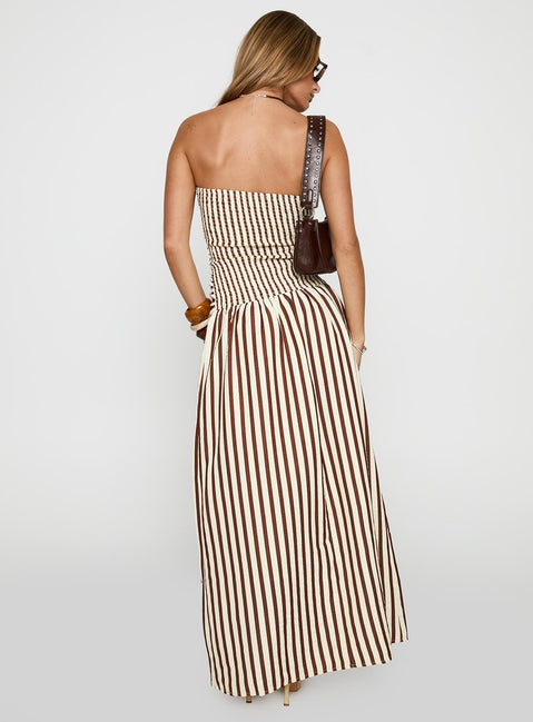 back view of model wearing Princess Polly Adessa Strapless Maxi Dress Multi Straight Neck 