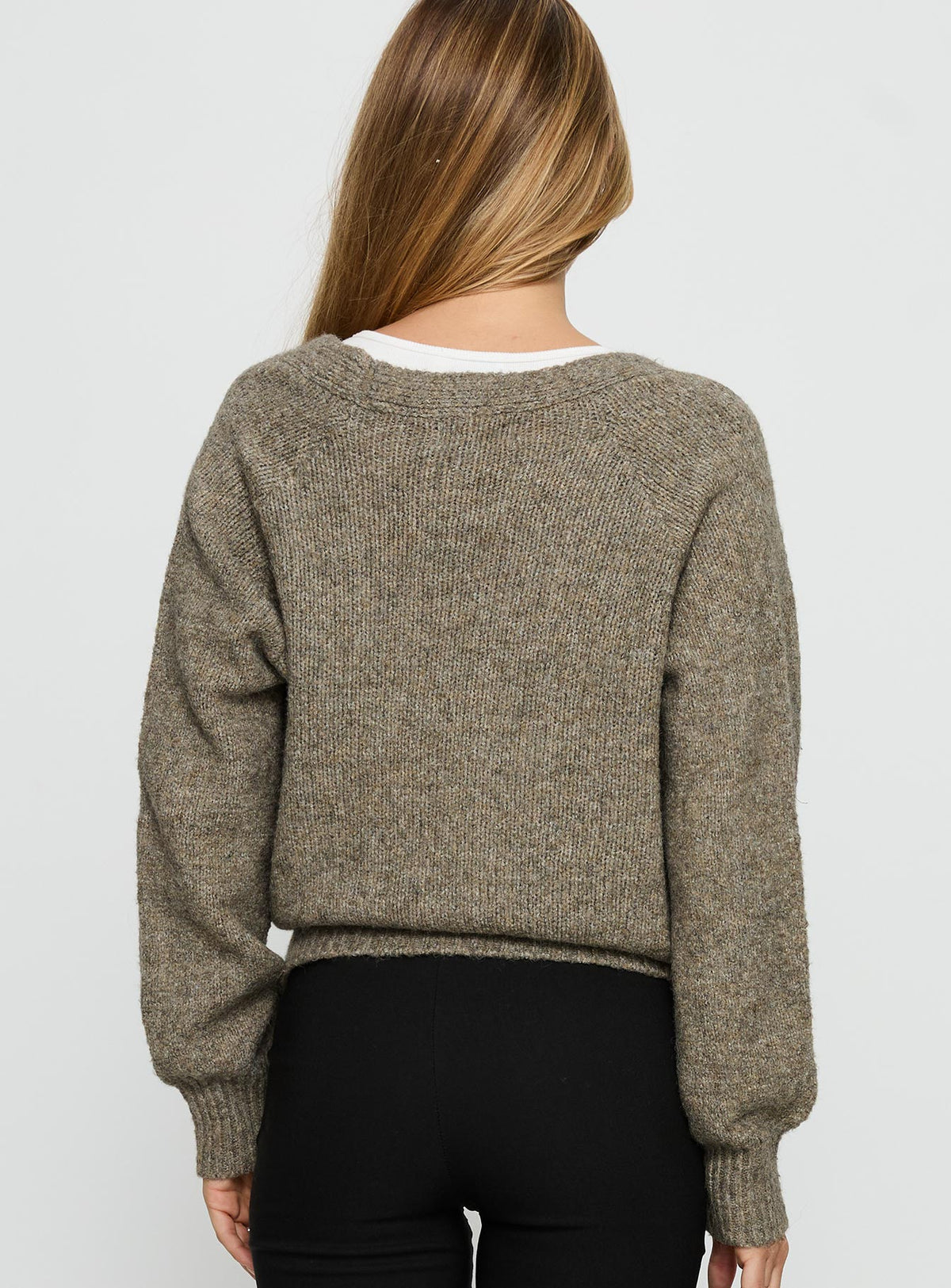 Showcasing the Daelan Wrap Knit Cardigan Brown womens-jumpers in short length back view of model wearing Princess Polly