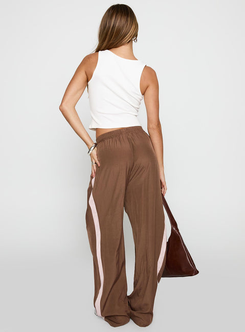 back view of model wearing Princess Polly No Doubts Track Pant Brown High Rise Pants Pants 