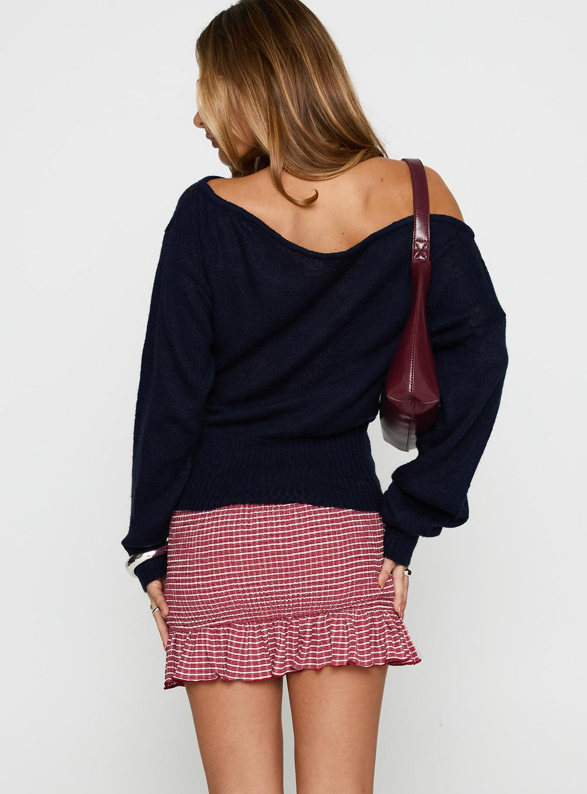 back view of model wearing Princess Polly Growing Up Frill Detail Mini Skirt Red Check Mini Skirts Skirts 