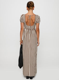 back view of model wearing Princess Polly Collyns Maxi Dress Beige Pinstripe V-Neck 