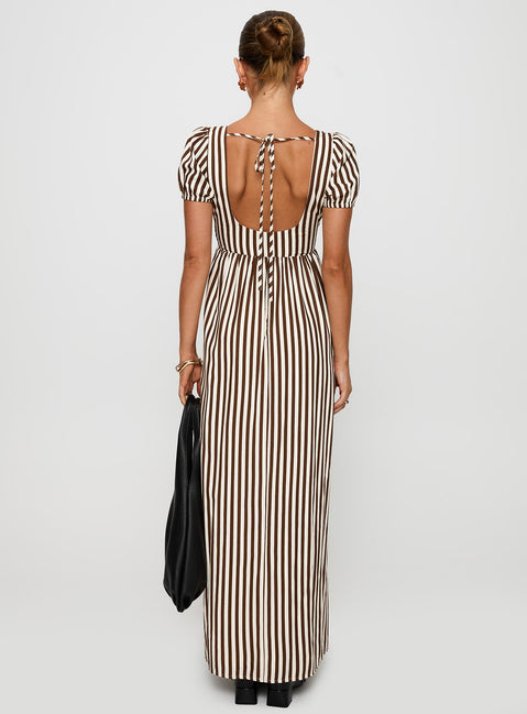 back view of model wearing Princess Polly Collyns Maxi Dress Beige Pinstripe V-Neck 