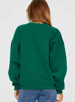 back view of model wearing Princess Polly Apres Ski Crew Neck Sweatshirt Green / Cream Jumpers 