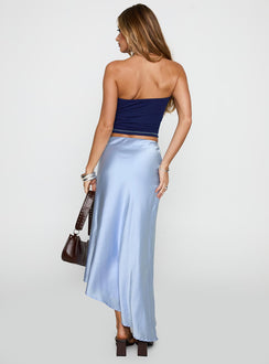 back view of model wearing Princess Polly Resistance Asymmetrical Maxi Skirt Blue Maxi Skirts Skirts 