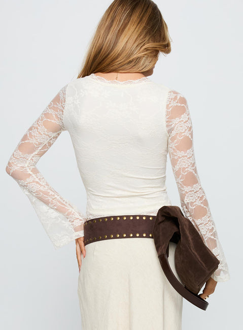back view of model wearing Princess Polly Pitter Long Sleeve Top Cream Full Sleeves V-Neck 