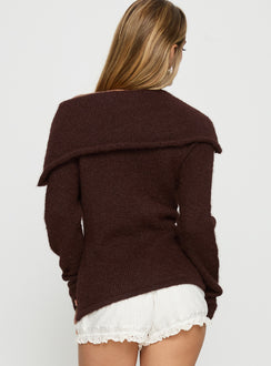 back view of model wearing Princess Polly Kinslea Off Shoulder Knit Sweater Brown regular Jumpers 