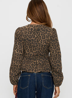 back view of model wearing Princess Polly Recognize Tie Detail Long Sleeve Top Leopard Full Sleeves Crew Neck 