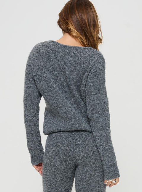 back view of model wearing Princess Polly Abrams Rib Knit Crew Sweater Charcoal Marle regular Jumpers 