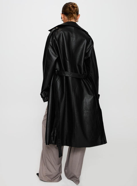 Think Later Faux Leather Trench Coat Black