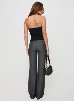 back view of model wearing Princess Polly Kinkirk Flared Pants Grey Pinstripe Tall Low Rise Pants Pants 