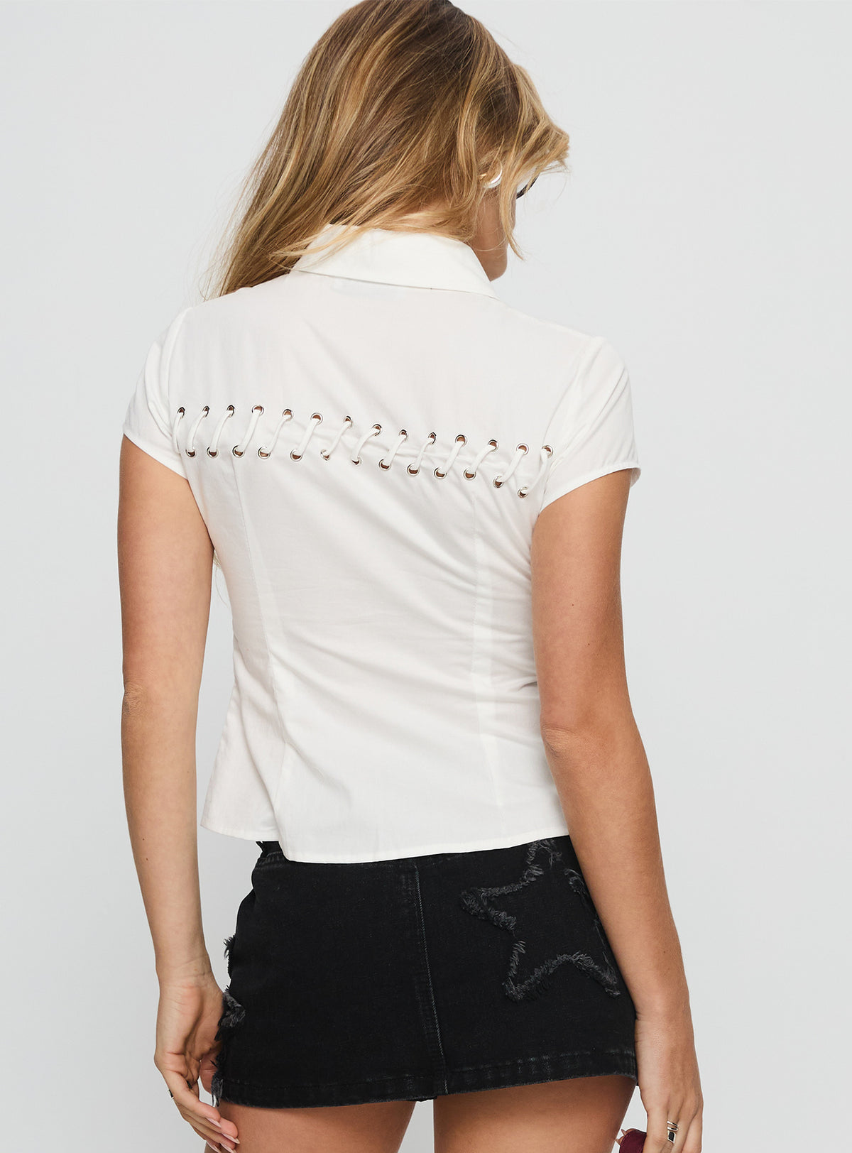 Rewrite Lace Up Short Sleeve Shirt White