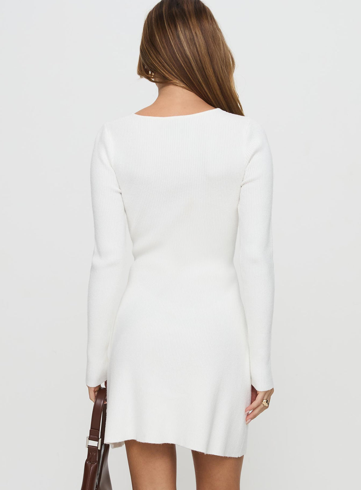 back view of model wearing Princess Polly Valeriya Long Sleeve Knit Mini Dress White High Neck 