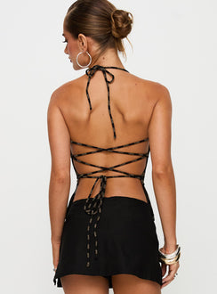 back view of model wearing Princess Polly The Player Backless Tie Neck Top Gold / Black Stripe Sleeveless Square Neck 