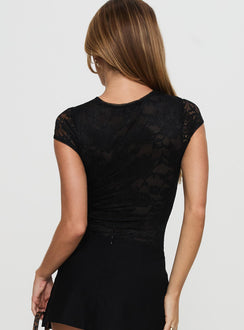 back view of model wearing Princess Polly Hold My Breath Lace Bodysuit Black Short Sleeve Bodysuit 