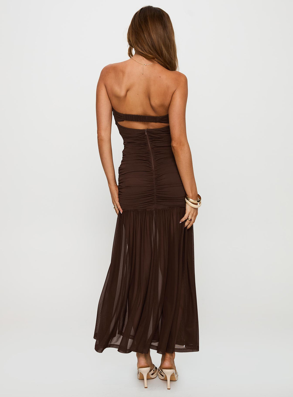 back view of model wearing Princess Polly Nevena Strapless Maxi Dress Brown Sweetheart Neckline 