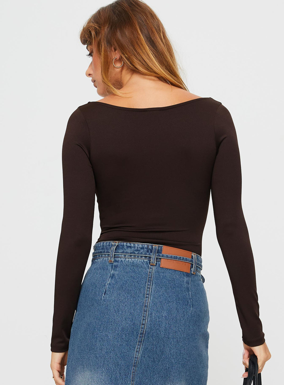 Crafted with the Ellery Bodysuit Brown womens-bodysuit in full sleeves back view of model wearing Princess Polly