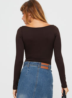 Crafted with the Ellery Bodysuit Brown womens-bodysuit in full sleeves back view of model wearing Princess Polly