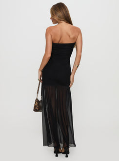 back view of model wearing Princess Polly Decadent Strapless Maxi Dress Black Tall Straight Neck 