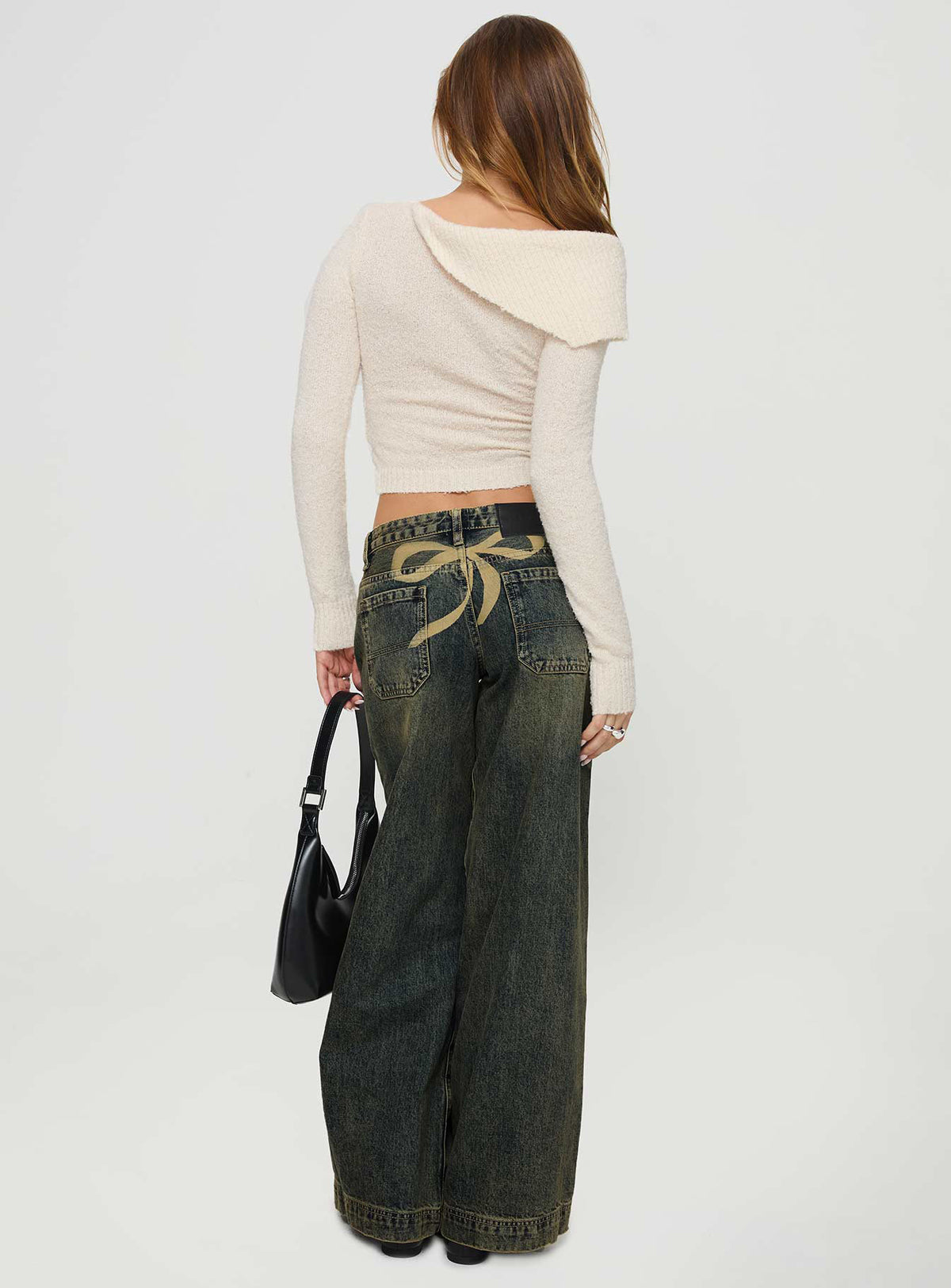 Ribbon Stamp Low Rise Wide Leg Jeans Antique Wash Mid Rise Jeans Jeans 