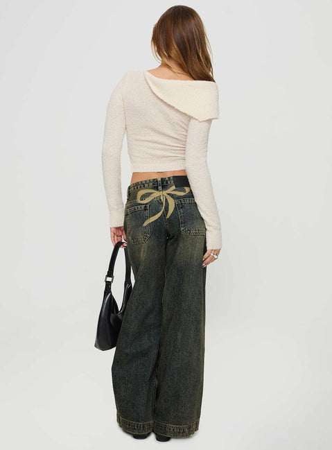Ribbon Stamp Low Rise Wide Leg Jeans Antique Wash Mid Rise Jeans Jeans 