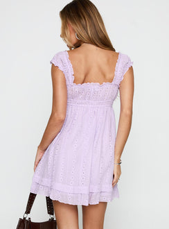 back view of model wearing Princess Polly Carlita Mini Dress Lilac Sweetheart Neckline 