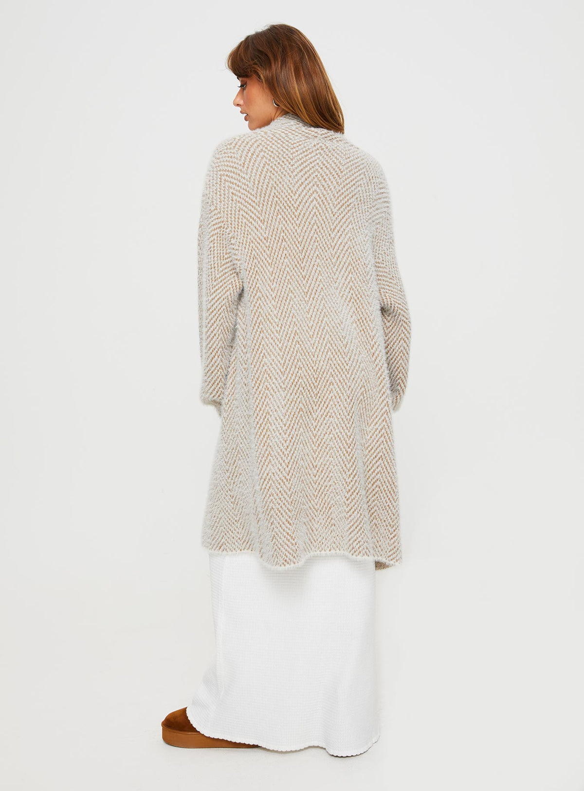 back view of model wearing Princess Polly Tremmy Textured Cardigan Natural Longline Jumpers Jumpers 