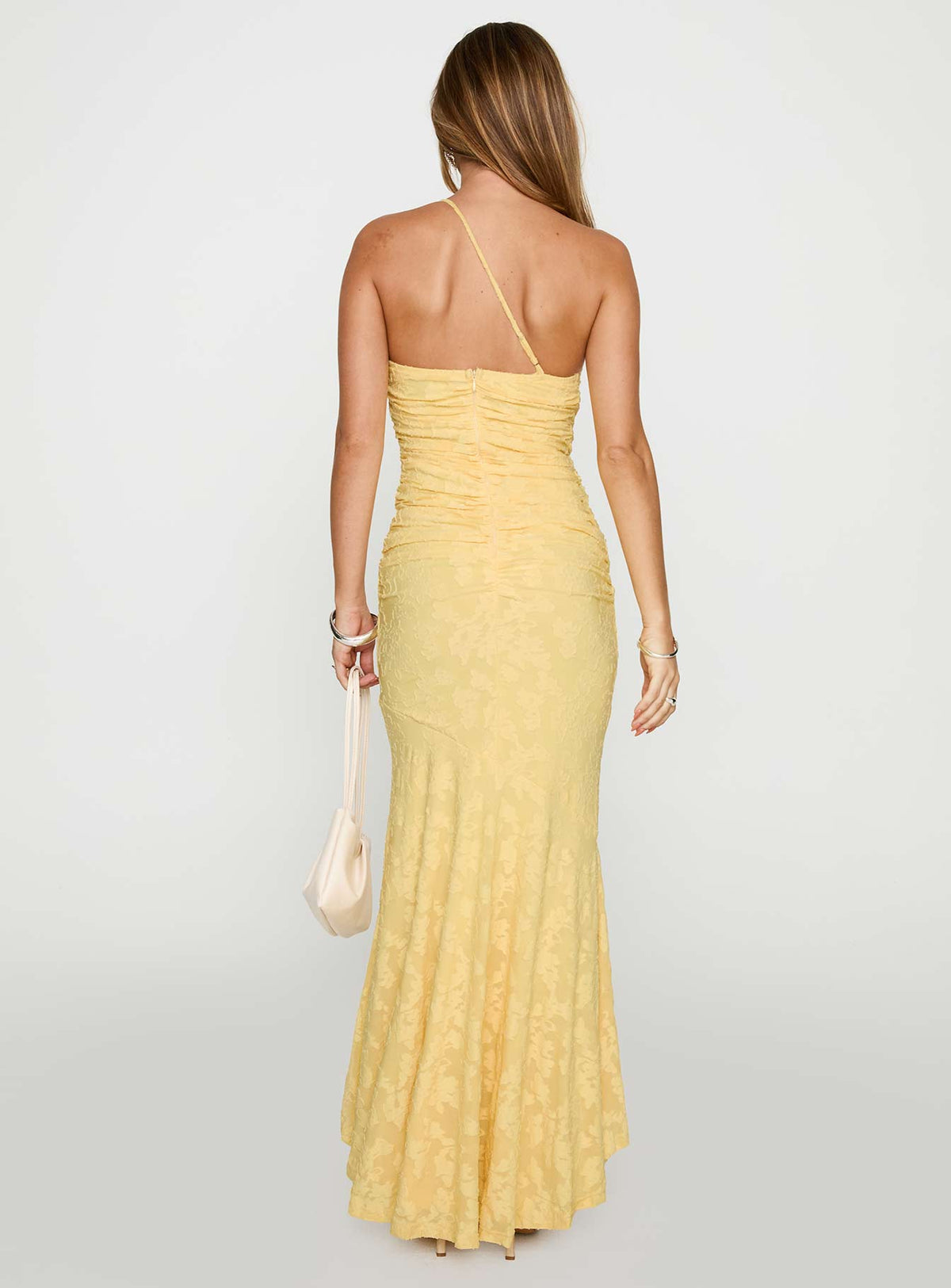 back view of model wearing Princess Polly Starlights One Shoulder Maxi Dress Lemon Asymmetric Neckline 