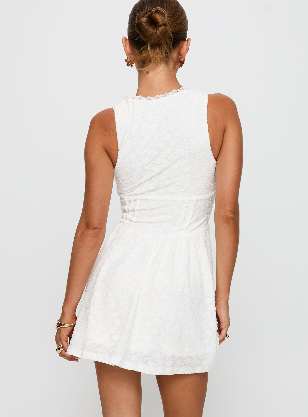 back view of model wearing Princess Polly Loveluck Lace Mini Dress White V-Neck 