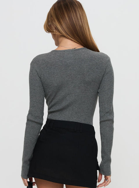 back view of model wearing Princess Polly Kerra Long Sleeve Bodysuit Charcoal Long Sleeve Tops Bodysuit 