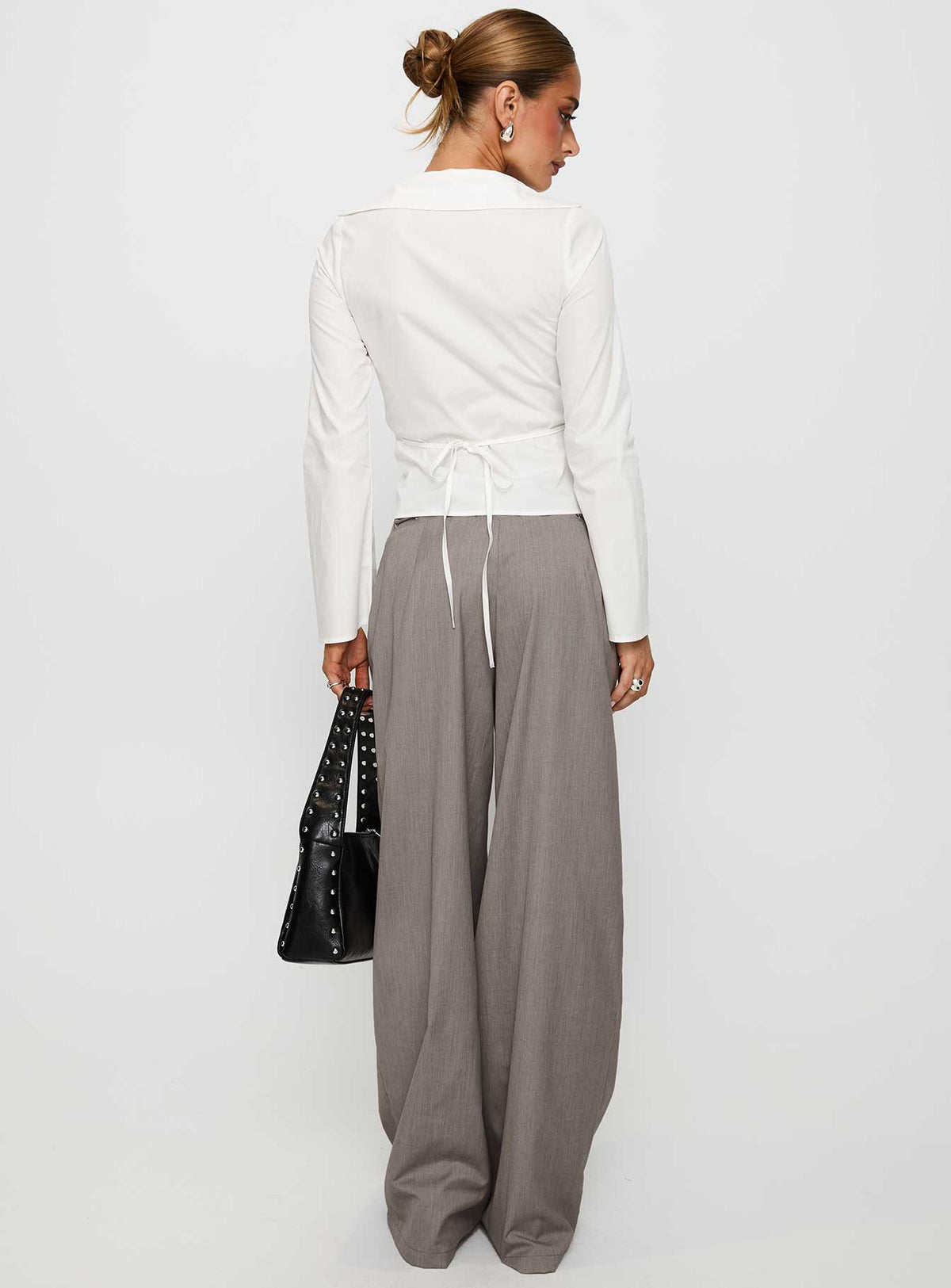 back view of model wearing Princess Polly Just Have Fun Wide Leg Pant Grey High Waisted Pants 