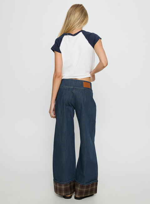 back view of model wearing Princess Polly Nikoletta Foldover Jeans Dark Wash / Check Mid Rise Jeans Jeans 