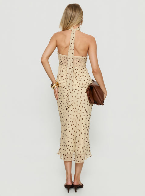back view of model wearing Princess Polly Sydni Midi Bias Cut Skirt Yellow / Chocolate Polka Midi Skirts Skirts 