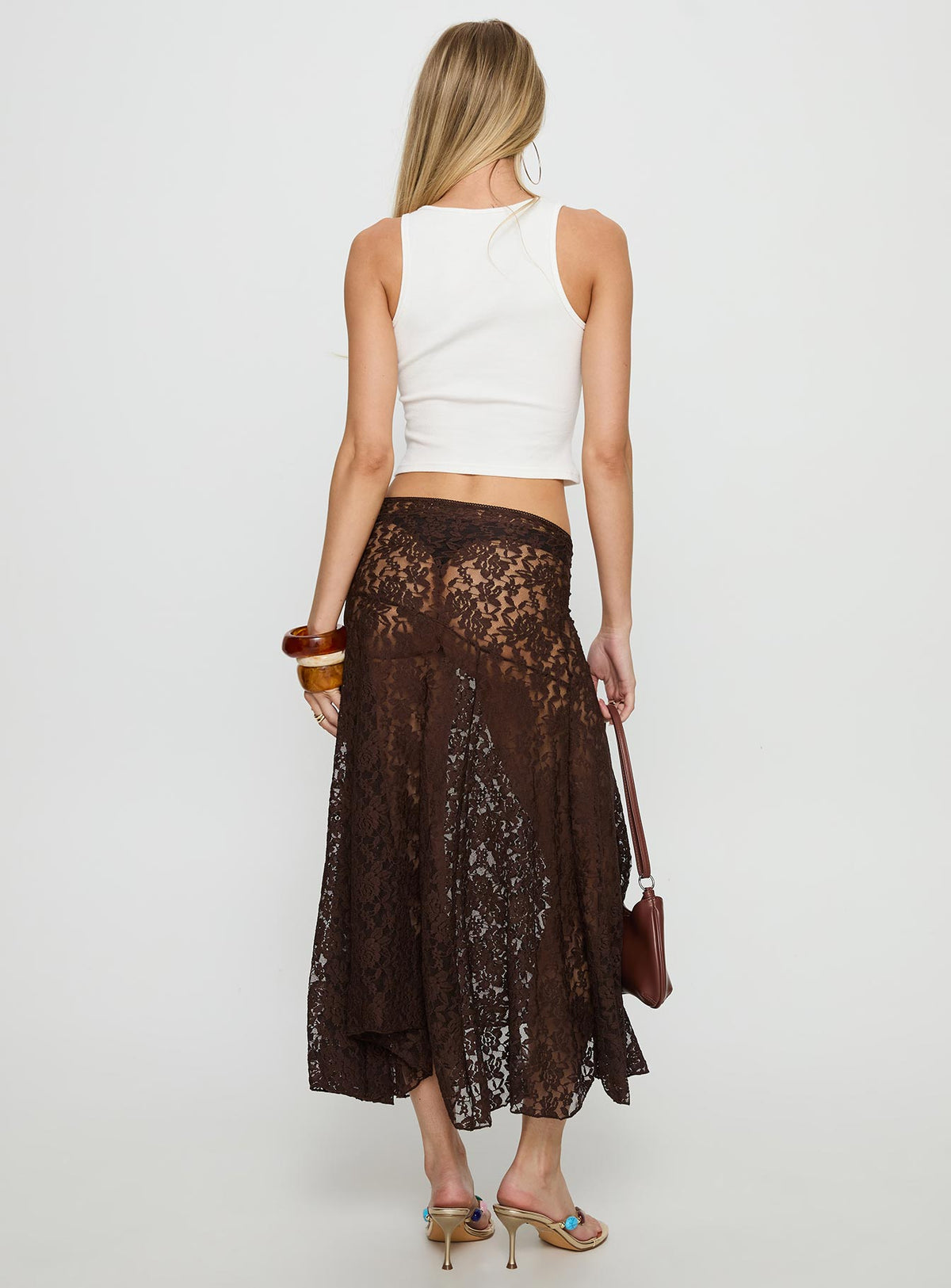 back view of model wearing Princess Polly Tidal Midi Skirt Chocolate 