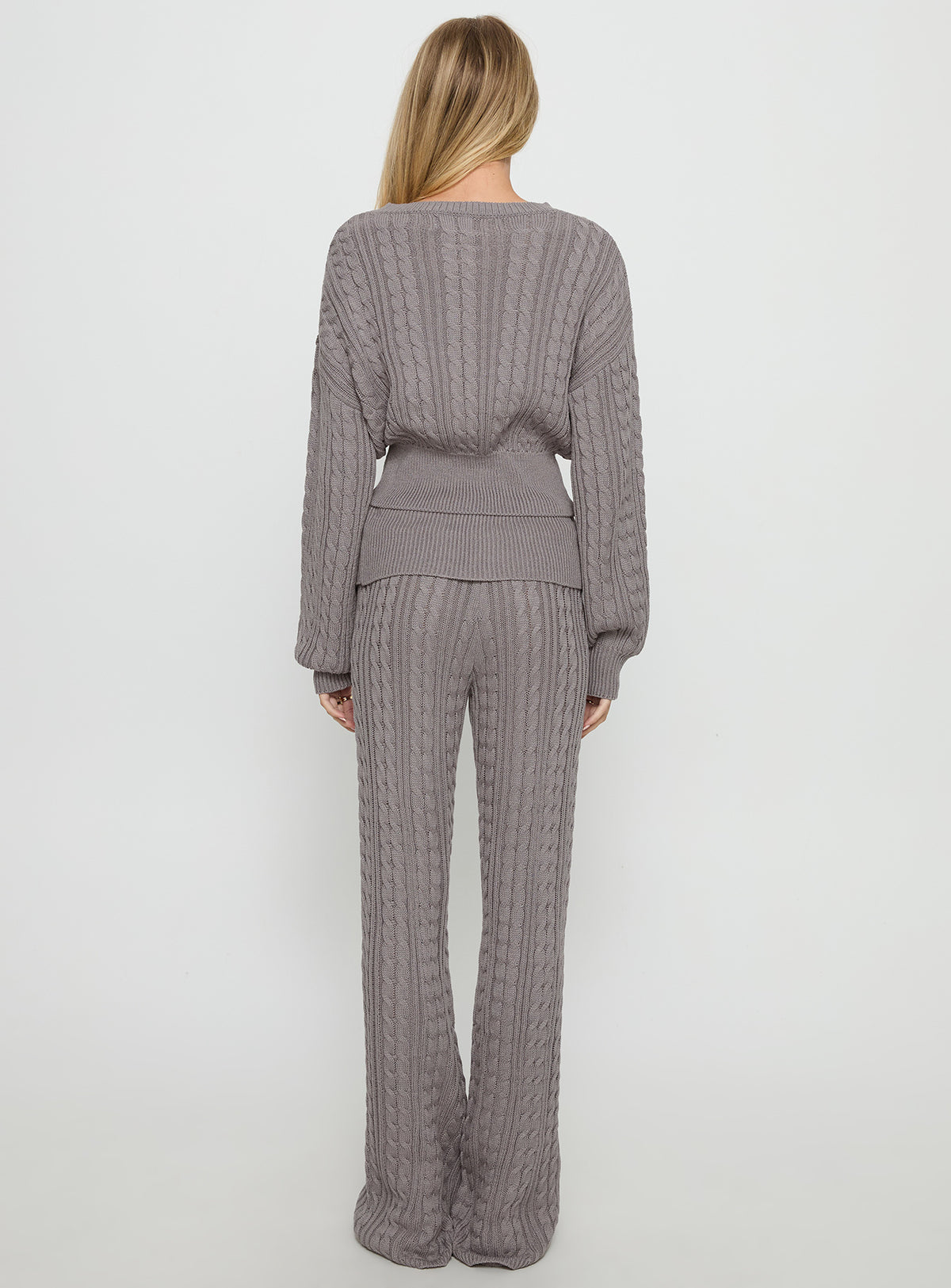 back view of model wearing Princess Polly Baleigh Cable Knit Foldover Pants Grey Mid Rise Pants Pants 