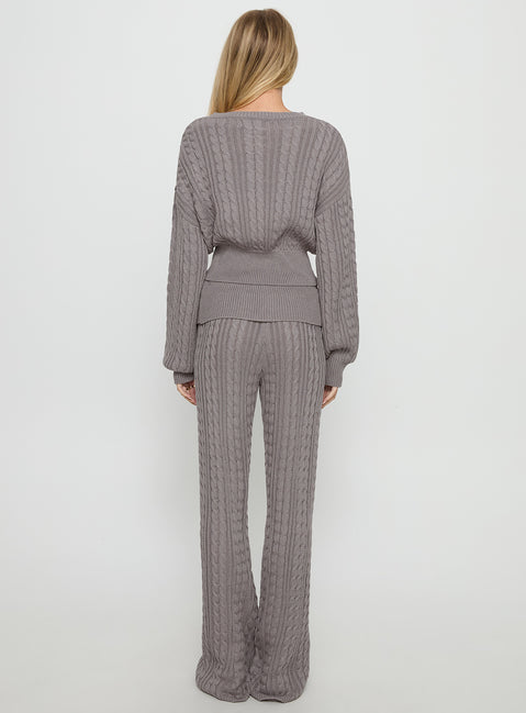 back view of model wearing Princess Polly Baleigh Cable Knit Foldover Pants Grey Mid Rise Pants Pants 
