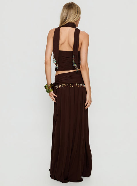 back view of model wearing Princess Polly Spirita Beaded Sarong Maxi Skirt Brown Maxi Skirts Skirts 