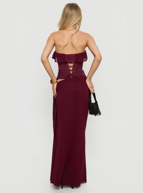 back view of model wearing Princess Polly Hollian Draped Maxi Skirt Wine Maxi Skirts Skirts 