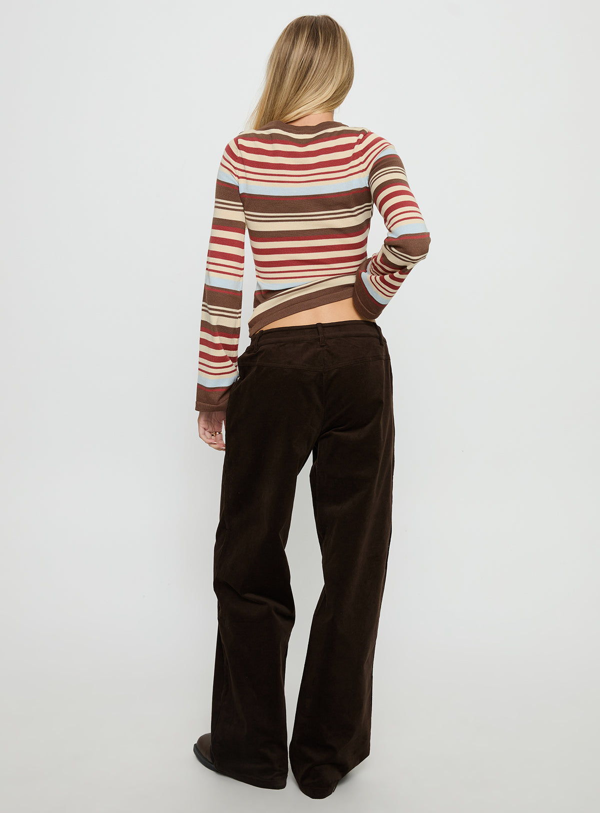 back view of model wearing Princess Polly Kenza Wide Leg Corduroy Pant Brown Mid Rise Pants Pants 