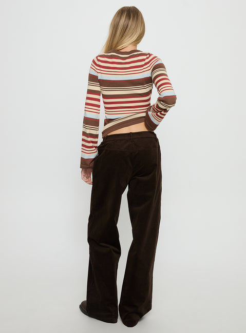 back view of model wearing Princess Polly Kenza Wide Leg Corduroy Pant Brown Mid Rise Pants Pants 