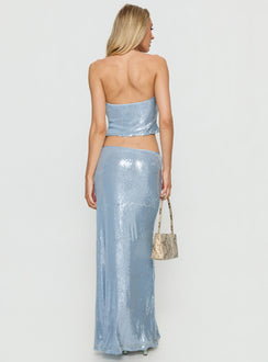 back view of model wearing Princess Polly Emalia Sheer Sequin Maxi Skirt Blue Skirts 