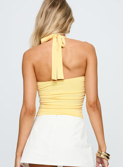 back view of model wearing Princess Polly By The Beach Halter Bodysuit Yellow Sleeveless Bodysuit 