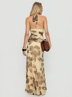 back view of model wearing Princess Polly Roselin Mesh Maxi Skirt Brown Floral Maxi Skirts Skirts 