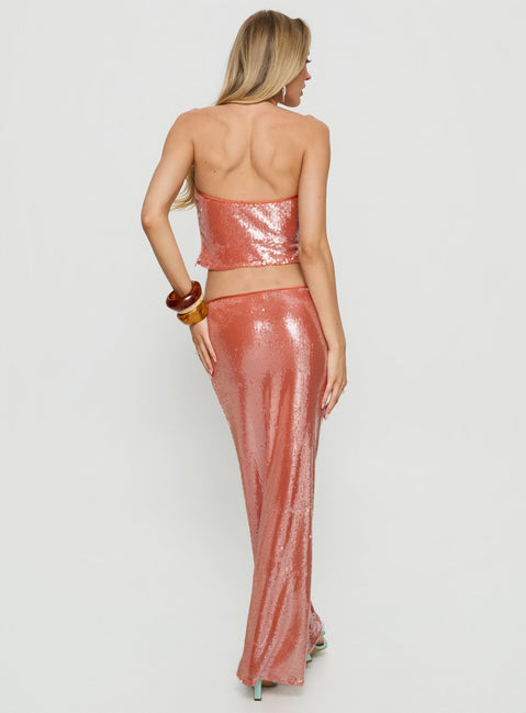 back view of model wearing Princess Polly Emalia Sheer Sequin Maxi Skirt Orange Maxi Skirts Skirts 