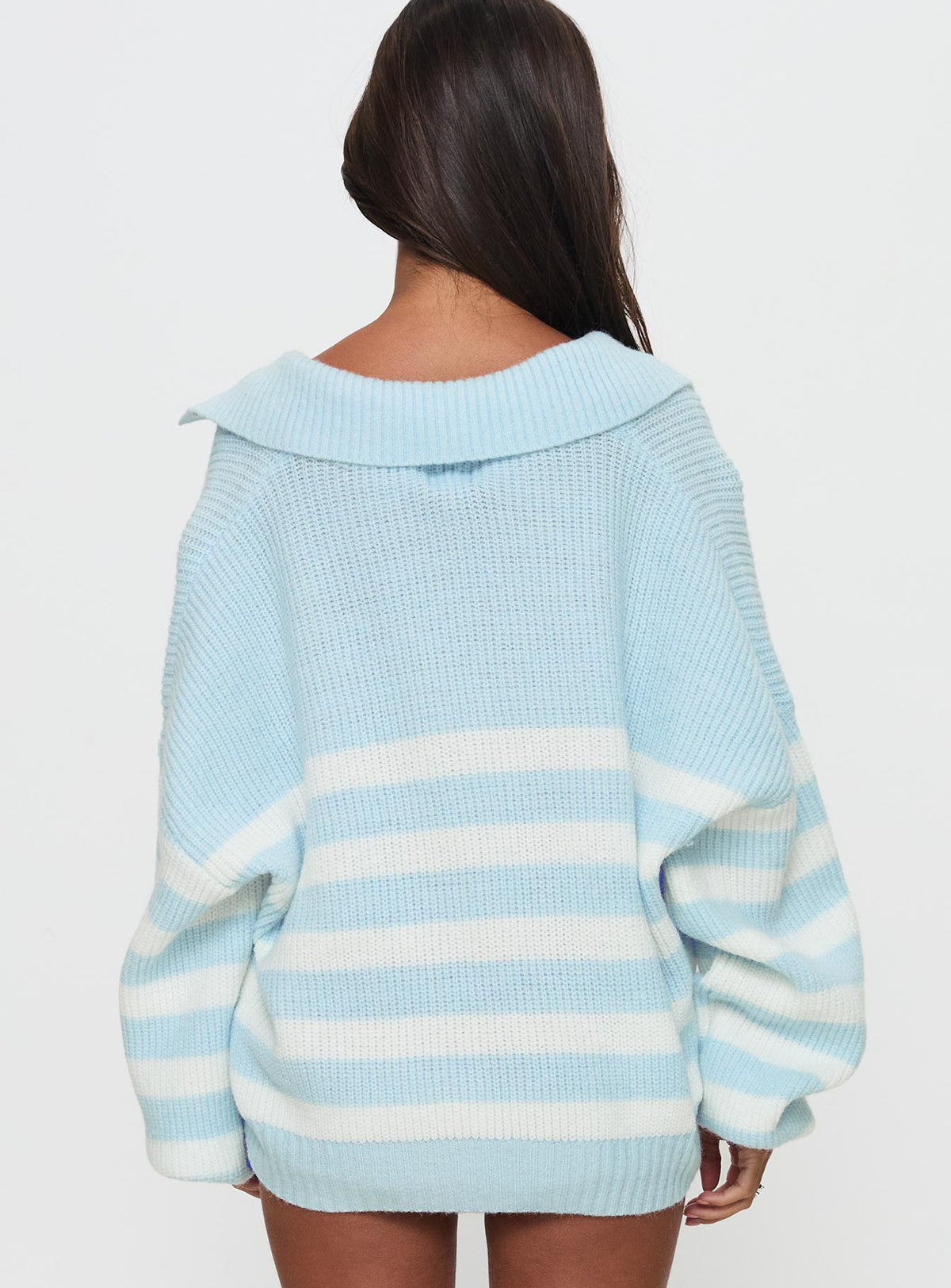 back view of model wearing Princess Polly Carolena Long Sleeve Collared Knit Sweater Blue / White Stripe Longline Jumpers Jumpers 