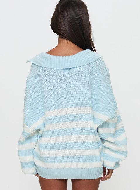 back view of model wearing Princess Polly Carolena Long Sleeve Collared Knit Sweater Blue / White Stripe Longline Jumpers Jumpers 