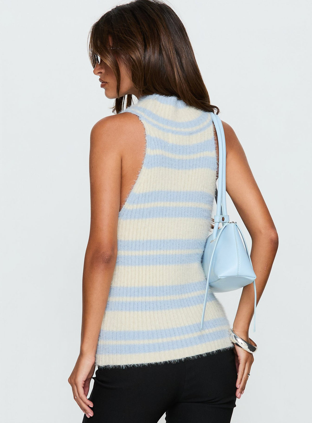Heide High Neck Fluffy Top Blue Stripe
